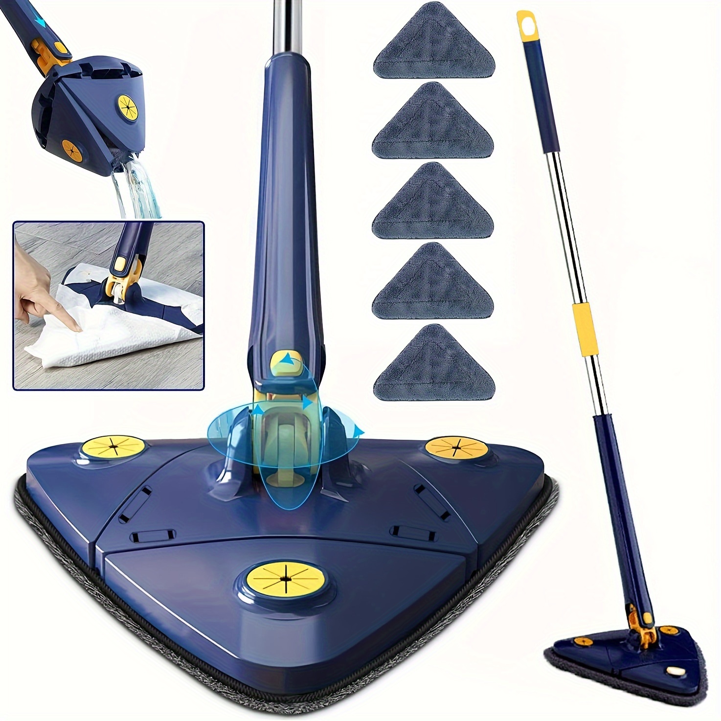 

Triangular Rotating Adjustable Cleaning Mop, Hand Twist Quick-dry, Automatic Water Squeezing, Premium Microfiber Cloth Heads, 44.8 Inches Multi-surface Floor, Ceiling, Wall Cleaner