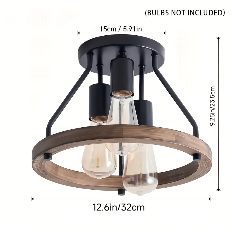 Mssian Rustic Farmhouse 3-light Chandelier - Semi-flush Mount, Metal End With E27 Base For Hallway, Bedroom & Kitchen Decor, Includes Installation Hardware, No Bulbs Included