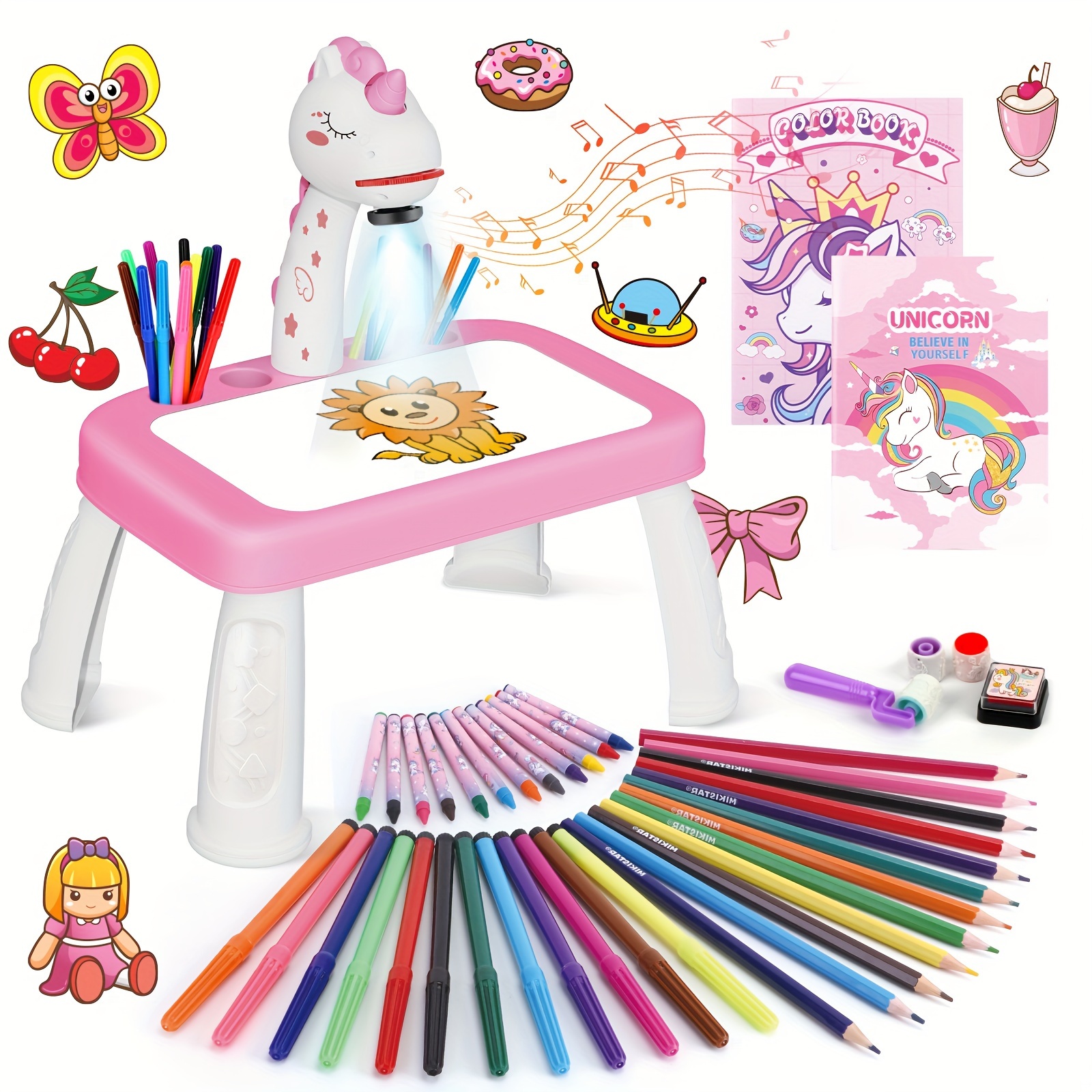 

Unicorn-themed ' Art Projector Set With Music, Color Pens, Crayons, & Sticker Books - Perfect Educational Toy For 3+