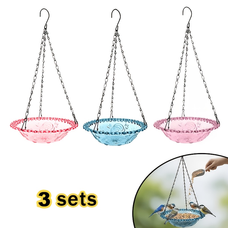 TEMU Mangeoire à oiseaux suspendue 3 pièces, disponible en quatre couleurs, pour l'alimentation, l'abreuvement et . Dotée d'une chaîne en métal avec