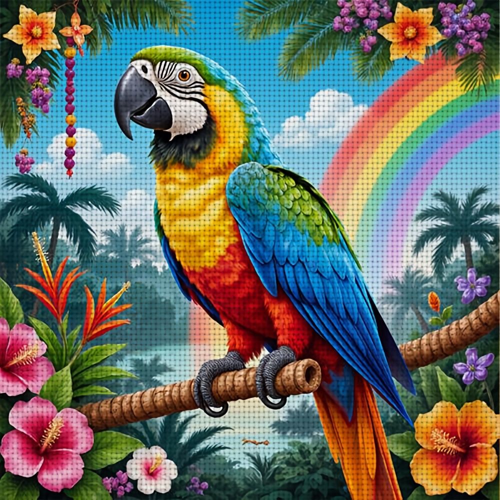 TEMU 1 Set Nouveau Kit d'impression de point de croix cadre, motif "Perroquet coloré sur branche, décor tropical", Ensemble de broderie à d'art pour