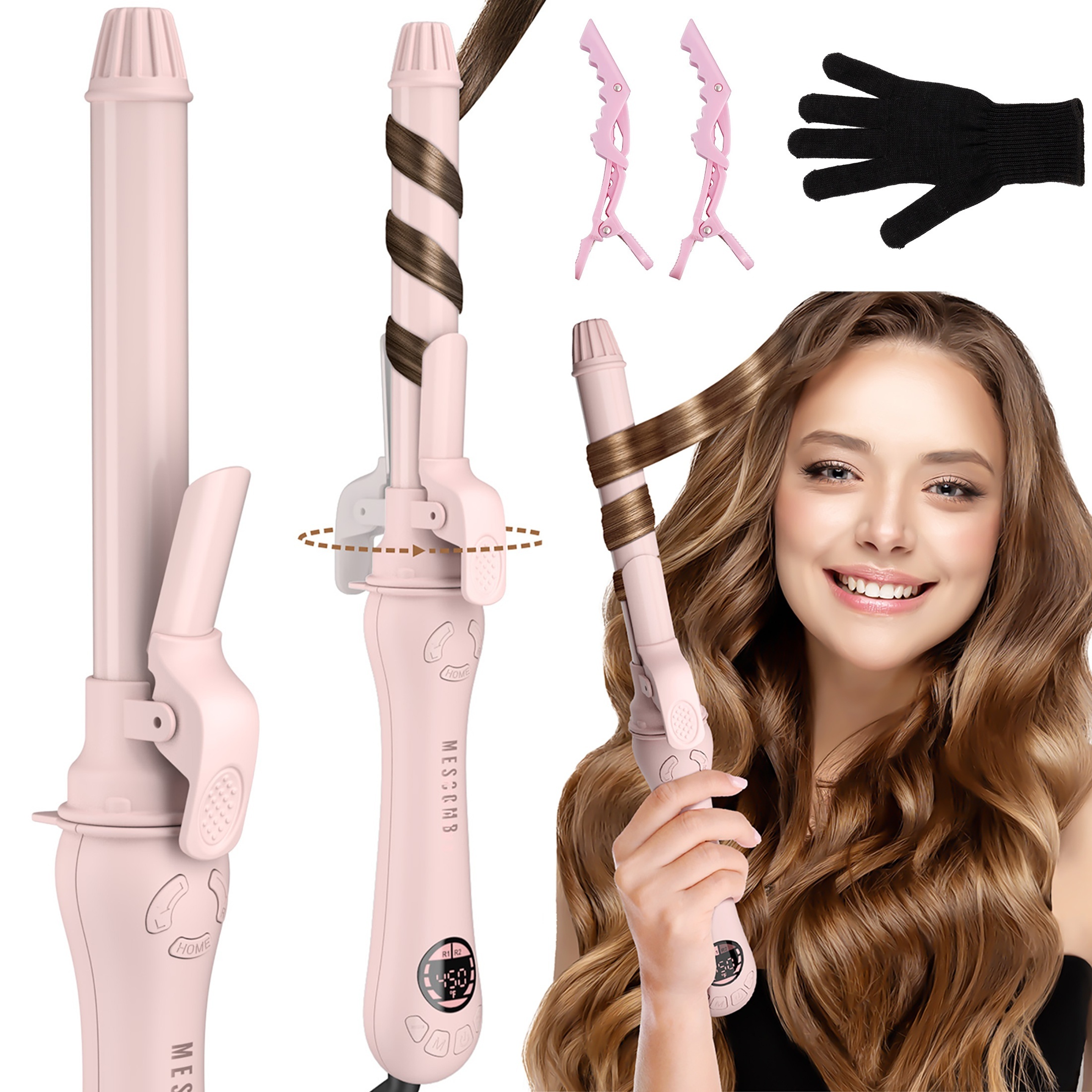 

1" Auto Rotating Curling Iron, 140°f To 450°f, 1h Auto Off, 120v & 240v, For Waves, Beach -pink