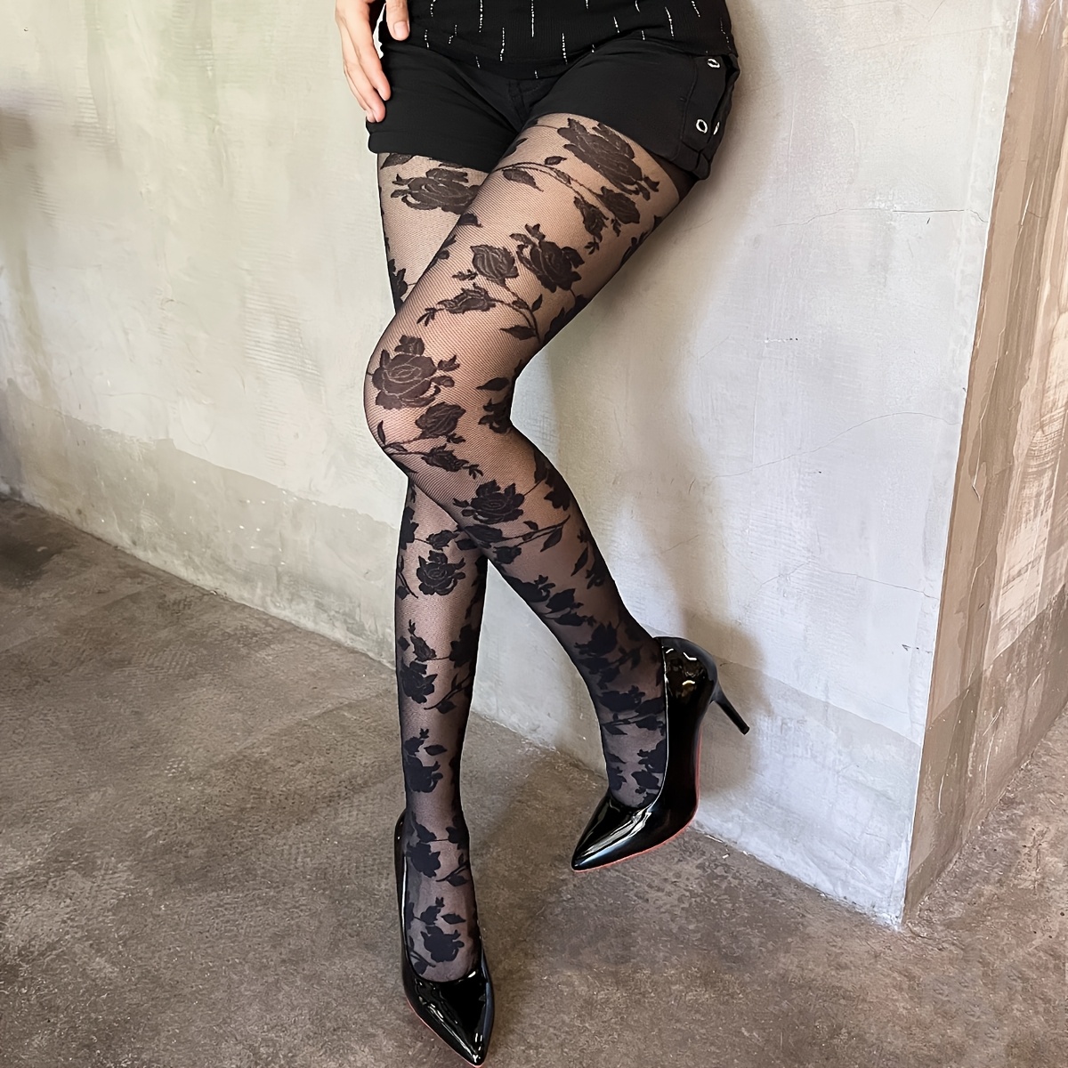 Image of 1 Pair Of Women's Rose Jacquard Stockings In Black, White, And Gray Colors, Suitable For Dates, Shopping, Clubbing, And Parties