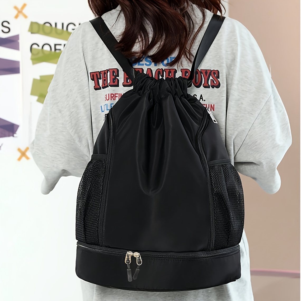 TEMU Random Zipper Style Fashion Drawstring Backpack, Women' Shoulder Bag, Men And Women Outdoor Hiking Oxford Cloth Sports Fitness Bag, Basketball