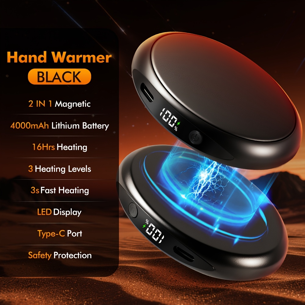 TEMU Rechargeable 2-in-1 Magnetic Hand Warmer, 2 Pack, With Digital Display, 3 Heating Levels, Pocket-size Electric Hand Warmer, Portable Pocket