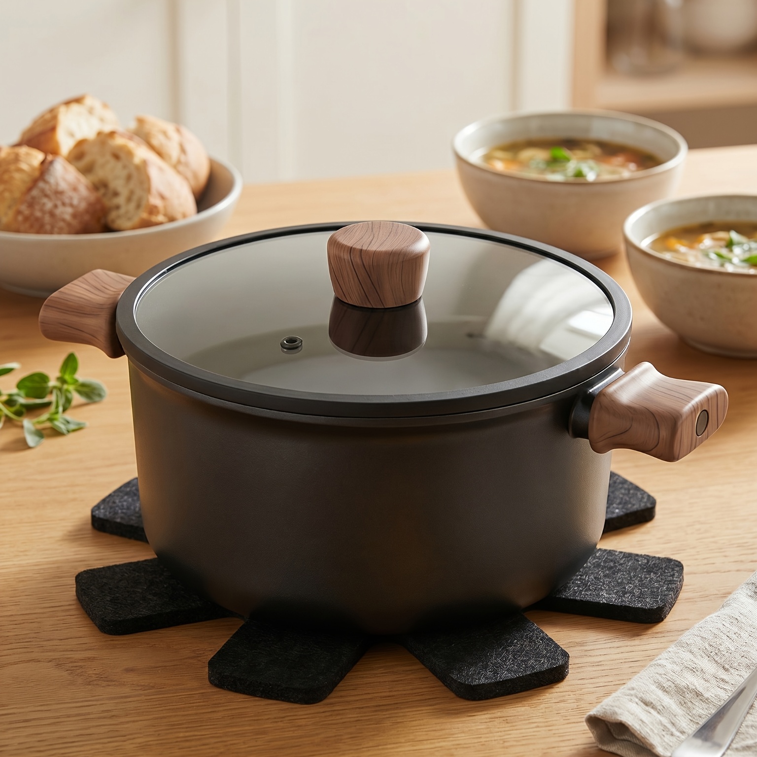 3pcs Flat-bottom Soup Pot, 24cm Black Universal Non Stick Milk Pot, Double-handle Deep Cooking Pot For Stew, Boiling, Steaming & Pasta, Gas And Induction Compatible Home Kitchen/restaurant Cookware