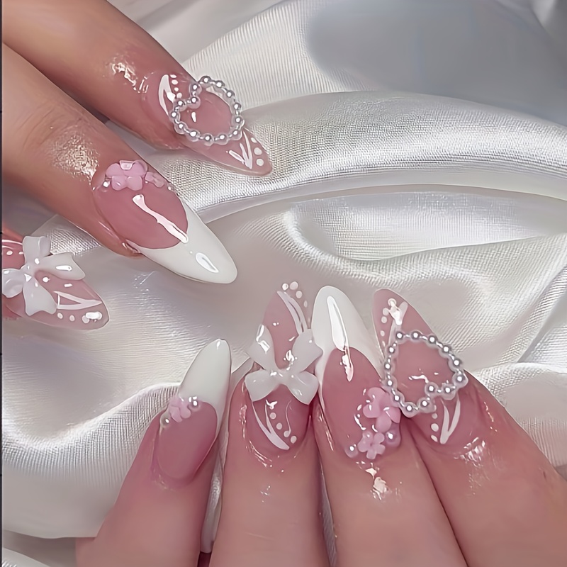 TEMU Upgrade Your Style, 24pcs Of Chinese Fake Nails With , White French Bow Wear Armor Design, Glitter Detachable Fake Nails