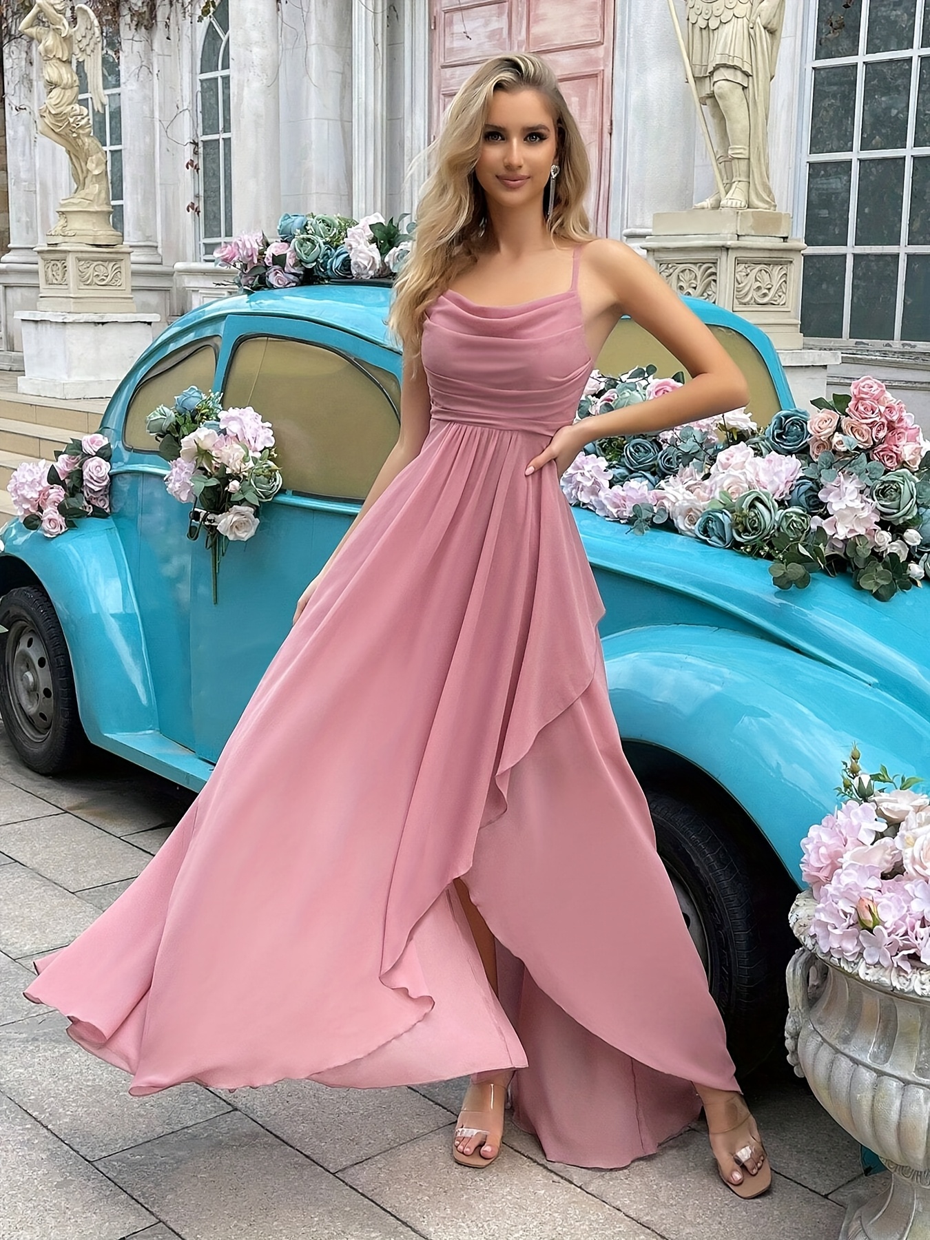 elegant shoulder pink midi dress ruched detail perfect - Temu