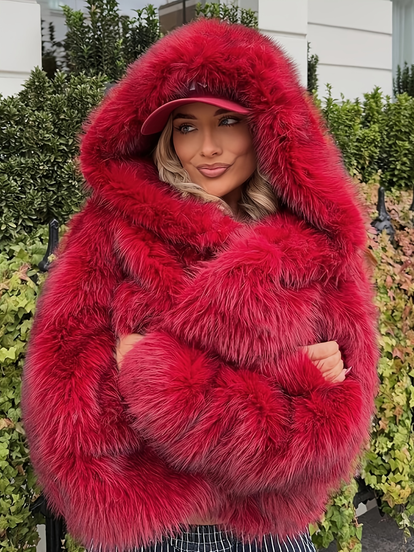 Women's Elegant Red Plush Fur Coat Winter Warm Short Jacket with Hooded  Collar, Plush Lining Full-Length Puffer Design, Machine Washable