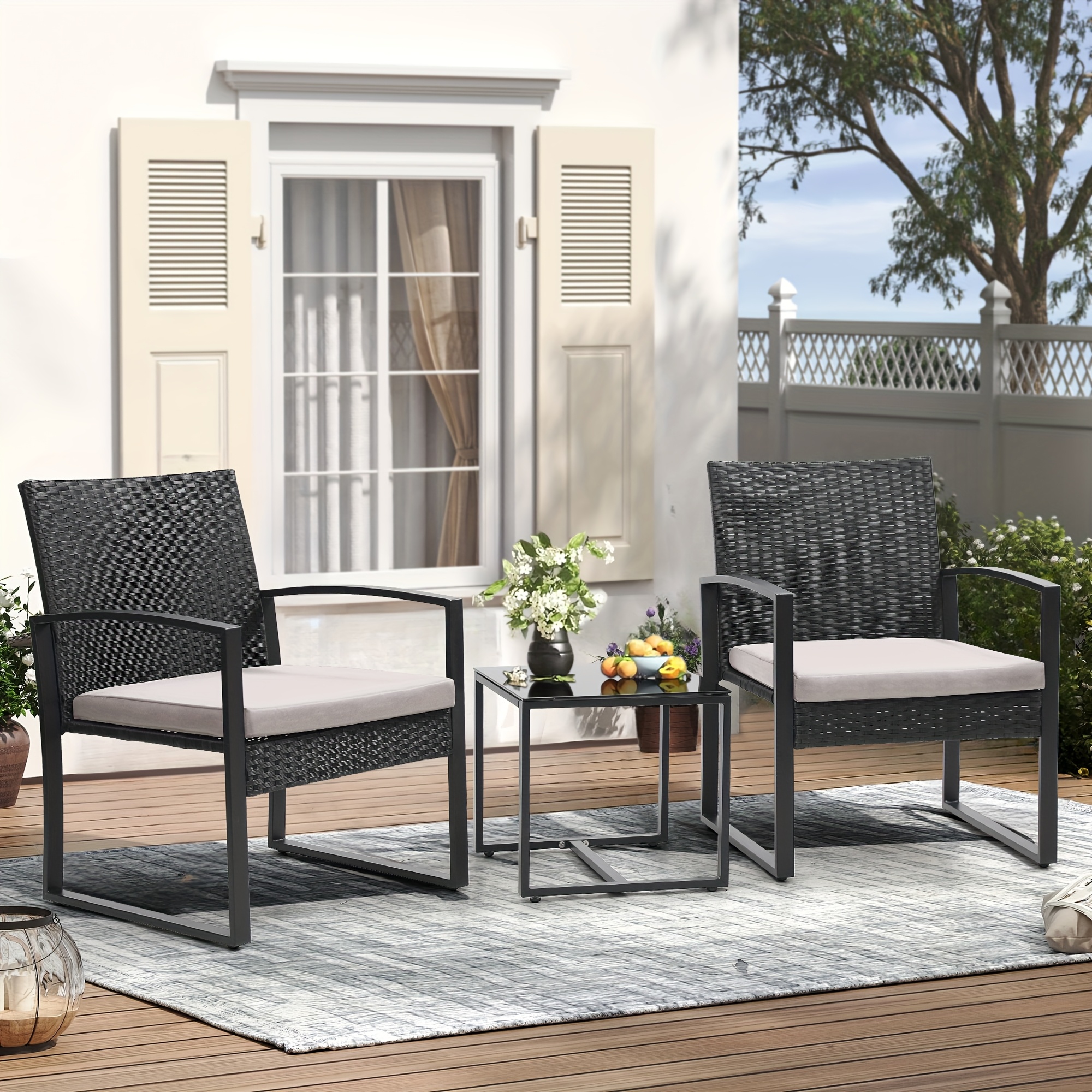Outdoor Patio Furniture Set, Wicker for 3 People Conversation Set Includes 2 Waterproof Chairs, Thick Cushions and 1 Small Bar Table, Safety Glass Roof