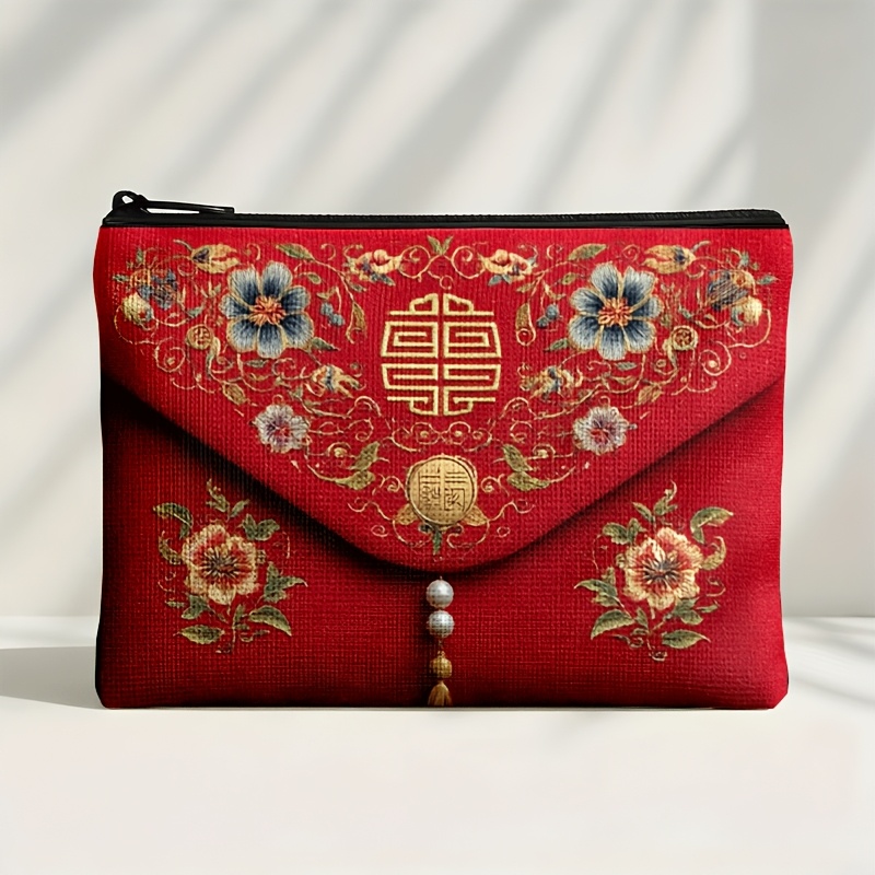 TEMU 2d Flat Double-sided Printed Cosmetic Bag / Storage Bag / Clutch, 1pc High-end Chinese Retro Style, Main Style, And Peony Pattern Cosmetic Bag /