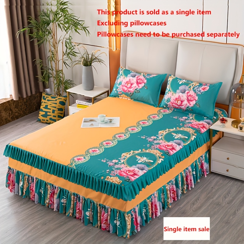 

Traditional Chinese Floral Bed Skirt With Bee Accents, 100% Polyester Knitted Fabric, Machine Washable, Active Printing, Sanded , 200-250 Gsm - Single Piece (pillowcases Not Included)