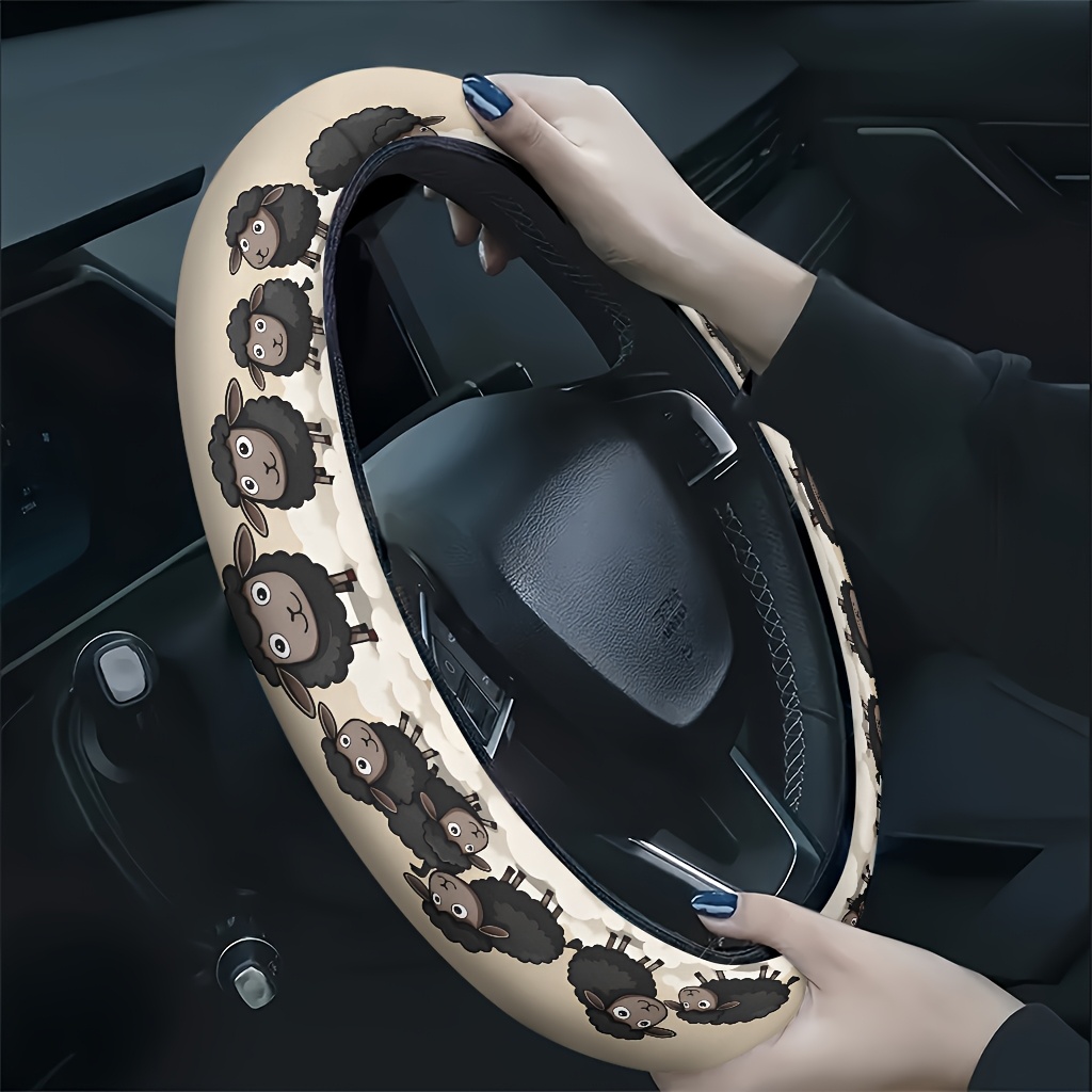 TEMU 1pc Cute Black Sheep Herd Clouds Car Steering Wheel Cover, Soft And Breathable Texture, Hand Fatigue, , Fashionable Car Accessory, A Gift