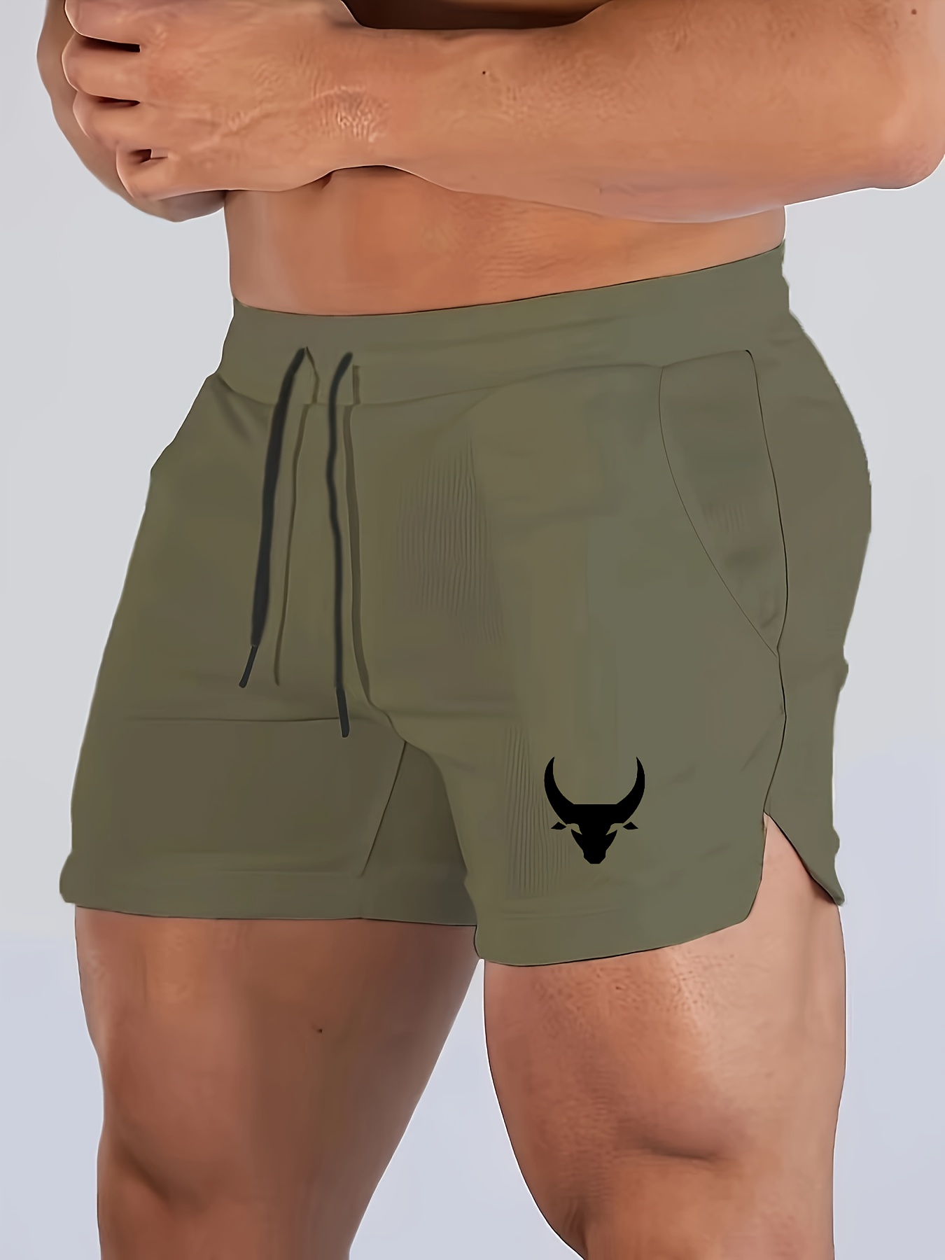 Men'S Slim Fit Athletic Shorts with Bull Head Print - Breathable Mesh, Stretch Polyester Fabric for Running, Gym, and Outdoor Activities, Casual Summer Shorts|Slim Fit Shorts|Wireframe Design