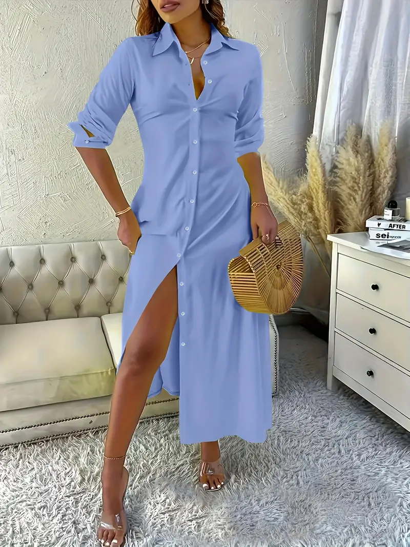 Women's Elegant Solid Color Long Sleeve Shirt Dress Women's Elegant Solid Color Long Sleeve Shirt Dress