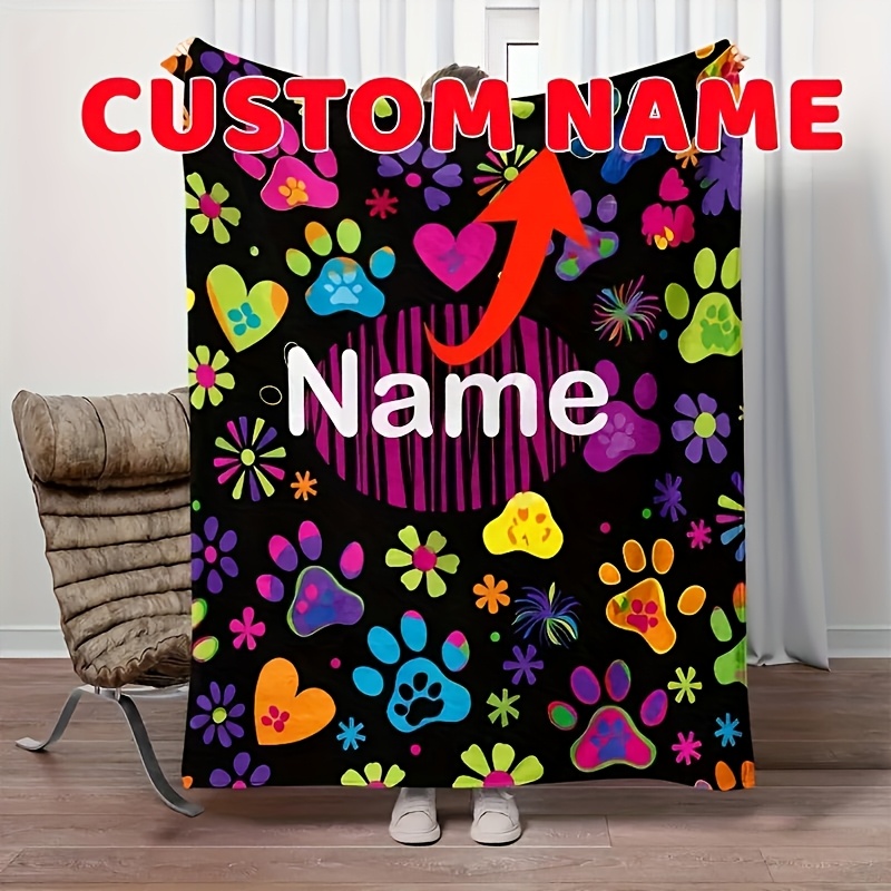 TEMU Custom 1pc Creative Dog Name Blanket, Colorful Paw Print Fleece Throw, Personalized, Holiday Blanket, Birthday Gift, Gift Throw, Versatile,