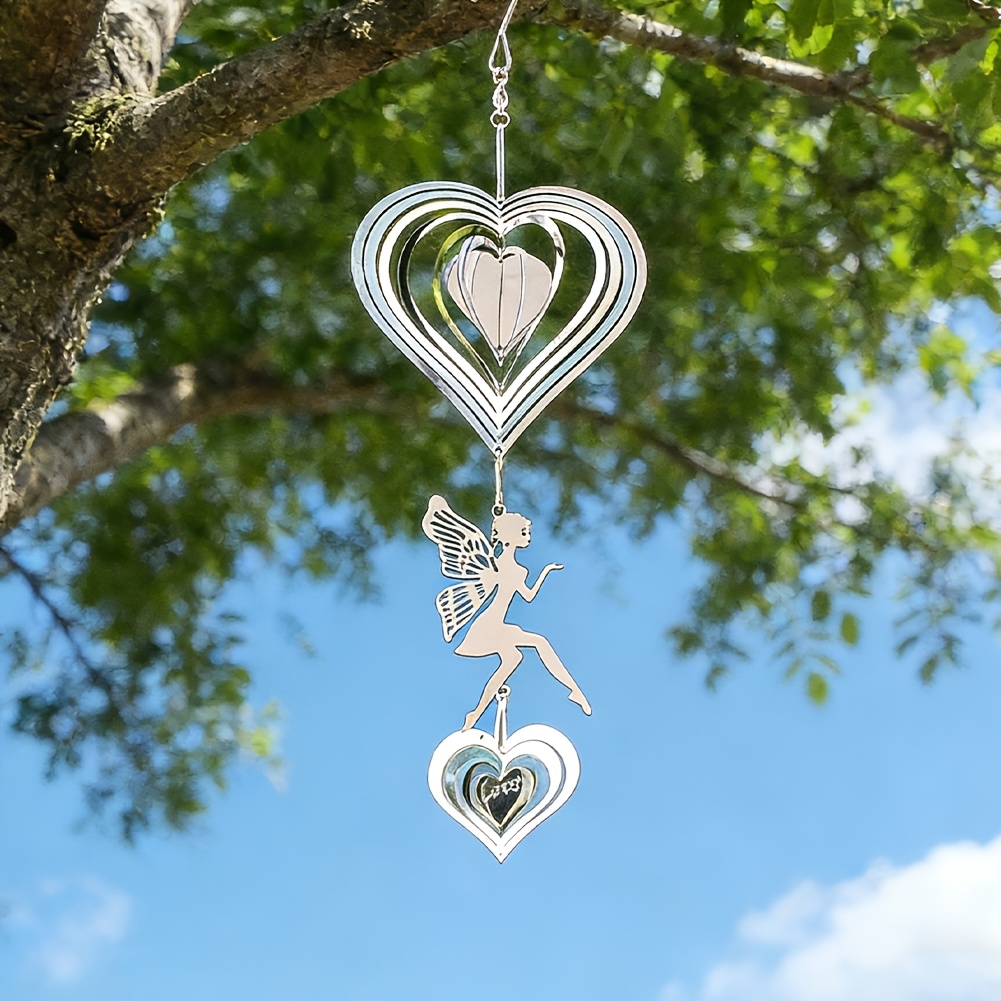 TEMU 3d Heart Fairy Wind Spinner Stainless Steel Rotating Wind Chime Hanging Ornament For Home Garden Patio Window Decor Bird Reflector