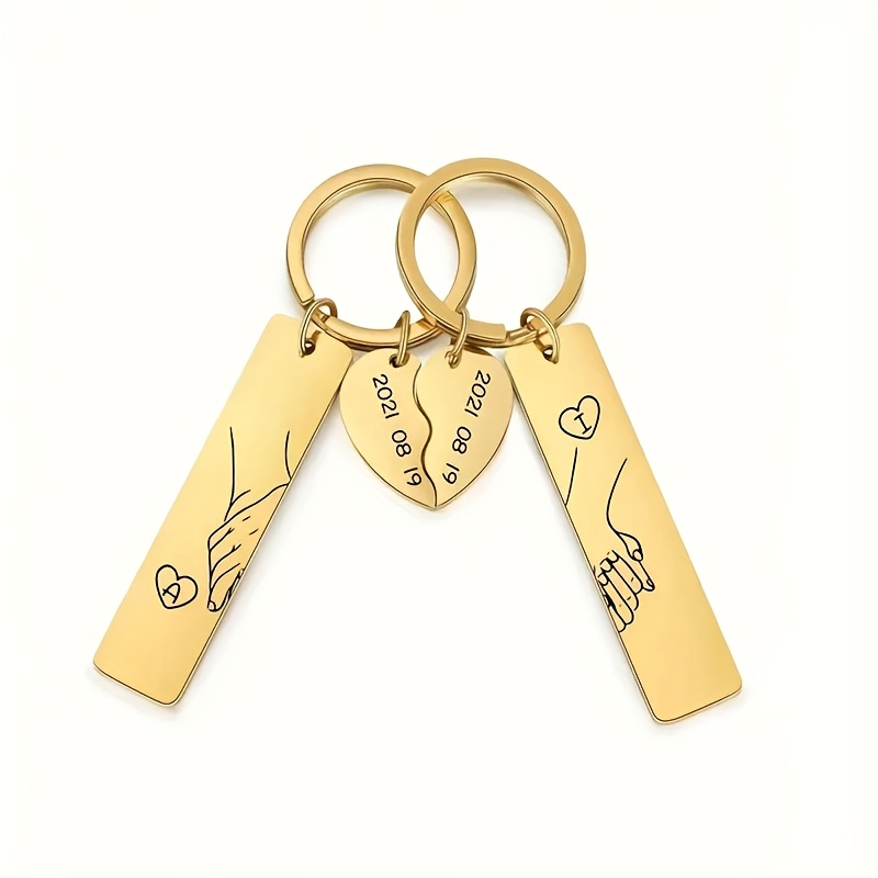 TEMU Ensemble de 2 porte-clés personnalisés, porte-clés personnalisé de cœur en acier inoxydable doré et argenté, convient pour les anniversaires,