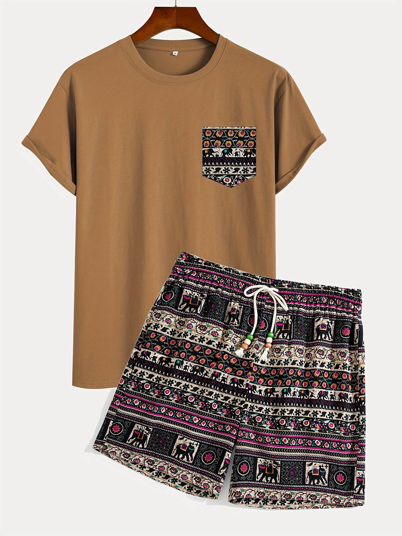 1 Set Boho Tribal Print Cotton T-Shirt and Shorts, Crew Neck Loose Fit with Slight Stretch, Casual Drawstring Bottoms, Knit Fabric, Spring Season Outfit