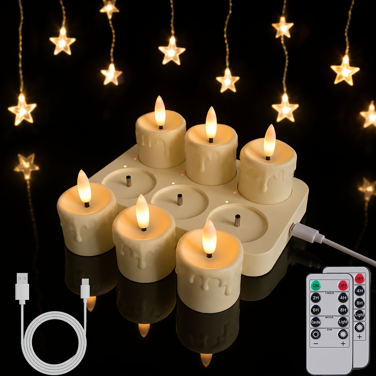 TEMU Rechargeable Tea Lights With Charging Base Battery Led Candles With Remote And Timer Flameless Flickering Usb Rechargeable Candles For Halloween