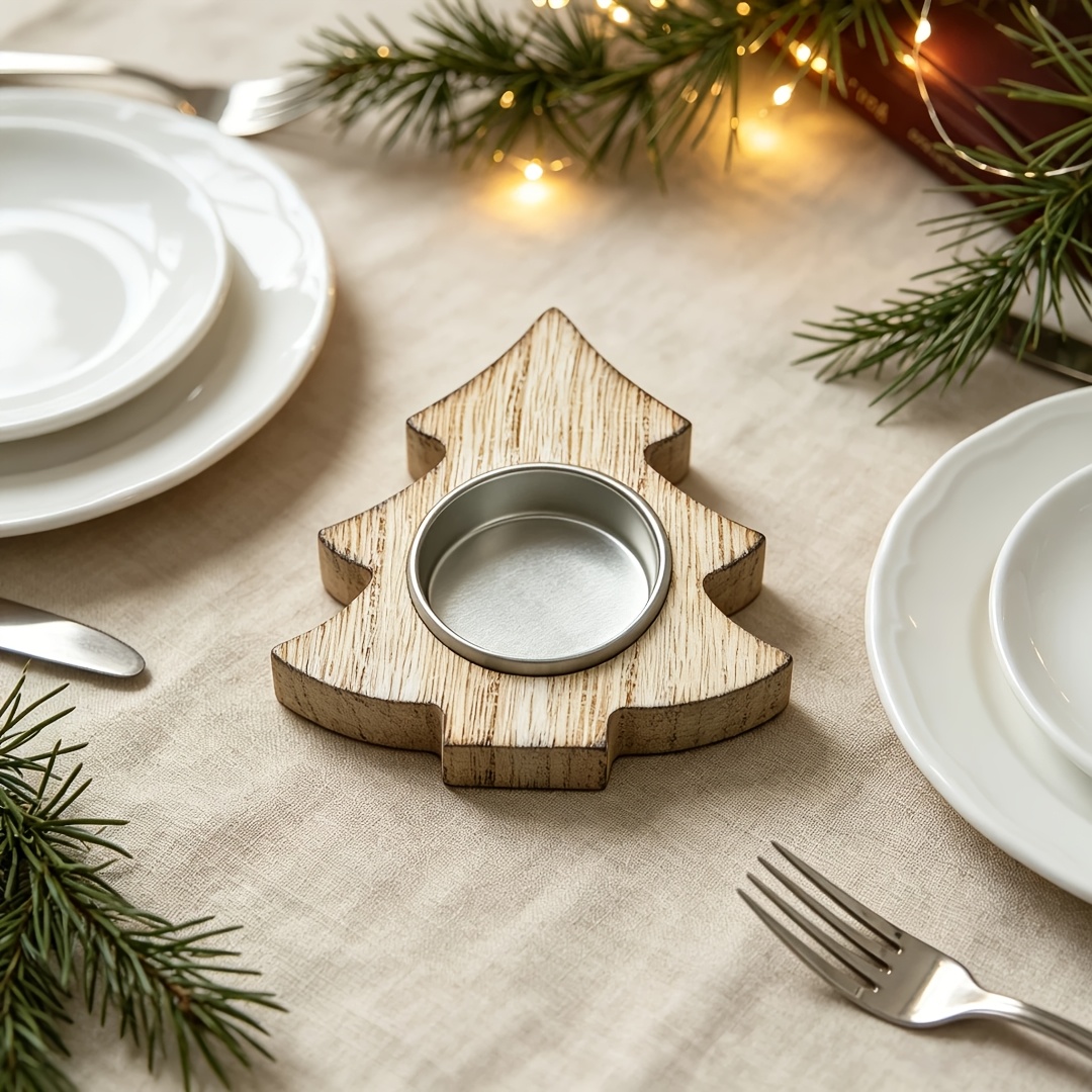 Image of Retro Atmosphere Decor, Nordic Retro Wooden Christmas Tree Shaped Tea Candle Holder Base, Hollow Carved Design, Christmas Holiday Theme Atmosphere Ornament Pine Tree Shaped Candle Holder Base
