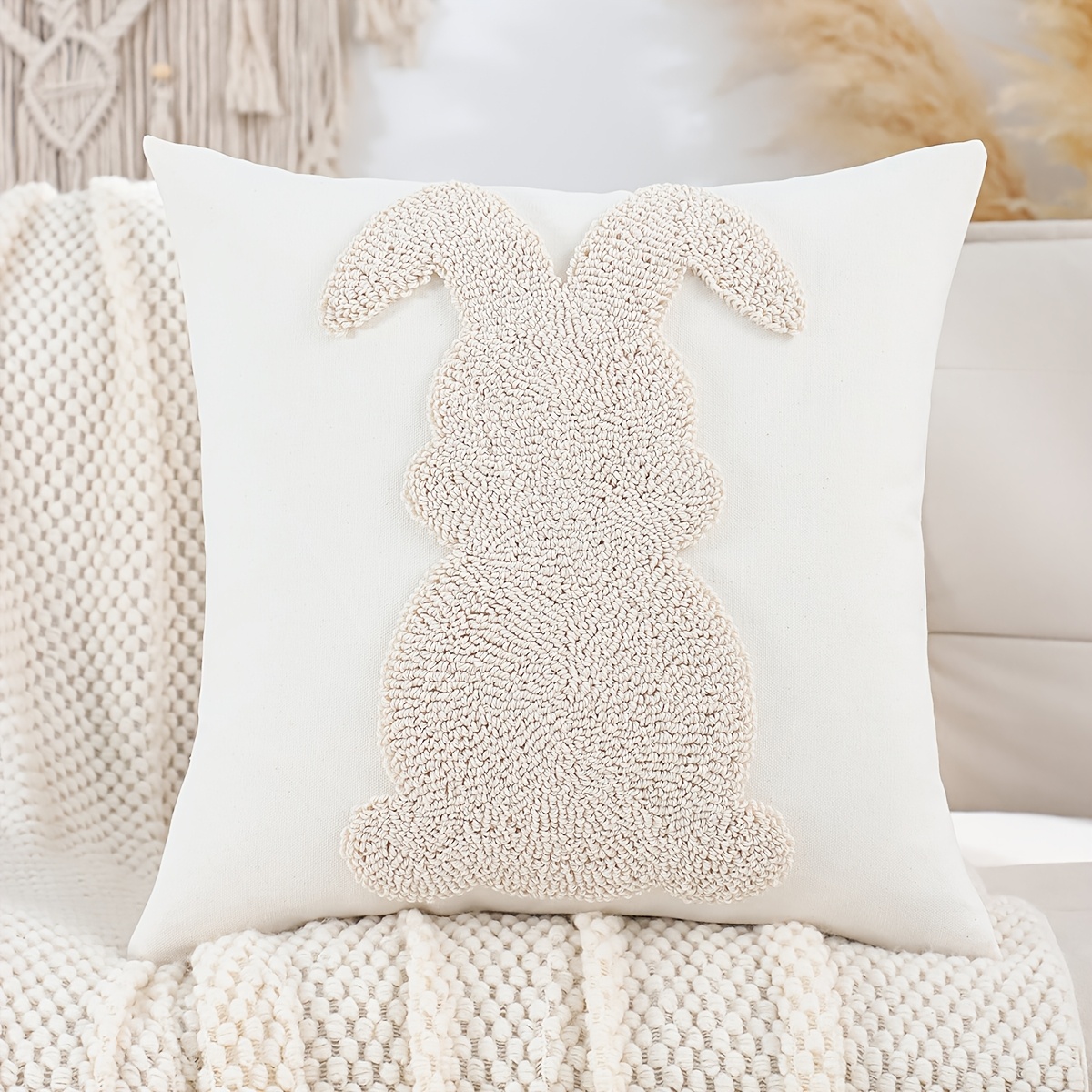 1pc Traditional-style Easter Decorative Throw Pillow Cover, Rabbit & Egg Cluster Embroidery, Geometric Pattern, Hand Wash Only, Zipper Closure, Woven Polyester, For Living Room - White