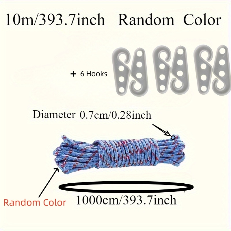 TEMU 7pcs Set, 10m/393.7in Nylon Rope   6 Hooks, For Securing And Towing Items, Camping Accessories, Indoor/outdoor Clothesline, Rope Color Random,