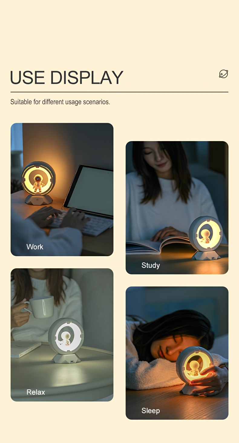  modern astronaut night control 3 color led bedside lamp 4 adjustable brightness levels rechargeable 1200mah lithium battery cordless with tabletop plaque for bedroom ideal for birthday christmas gifts Product details 6