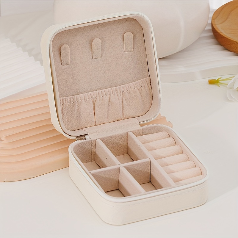 TEMU Pastoral-themed Modern Jewelry Organizer Box, Portable Leather Travel Case With Necklace Hooks, Rectangle Zippered Storage For Earrings, Rings, Necklaces - No Electricity Needed, Jewelry Boxes