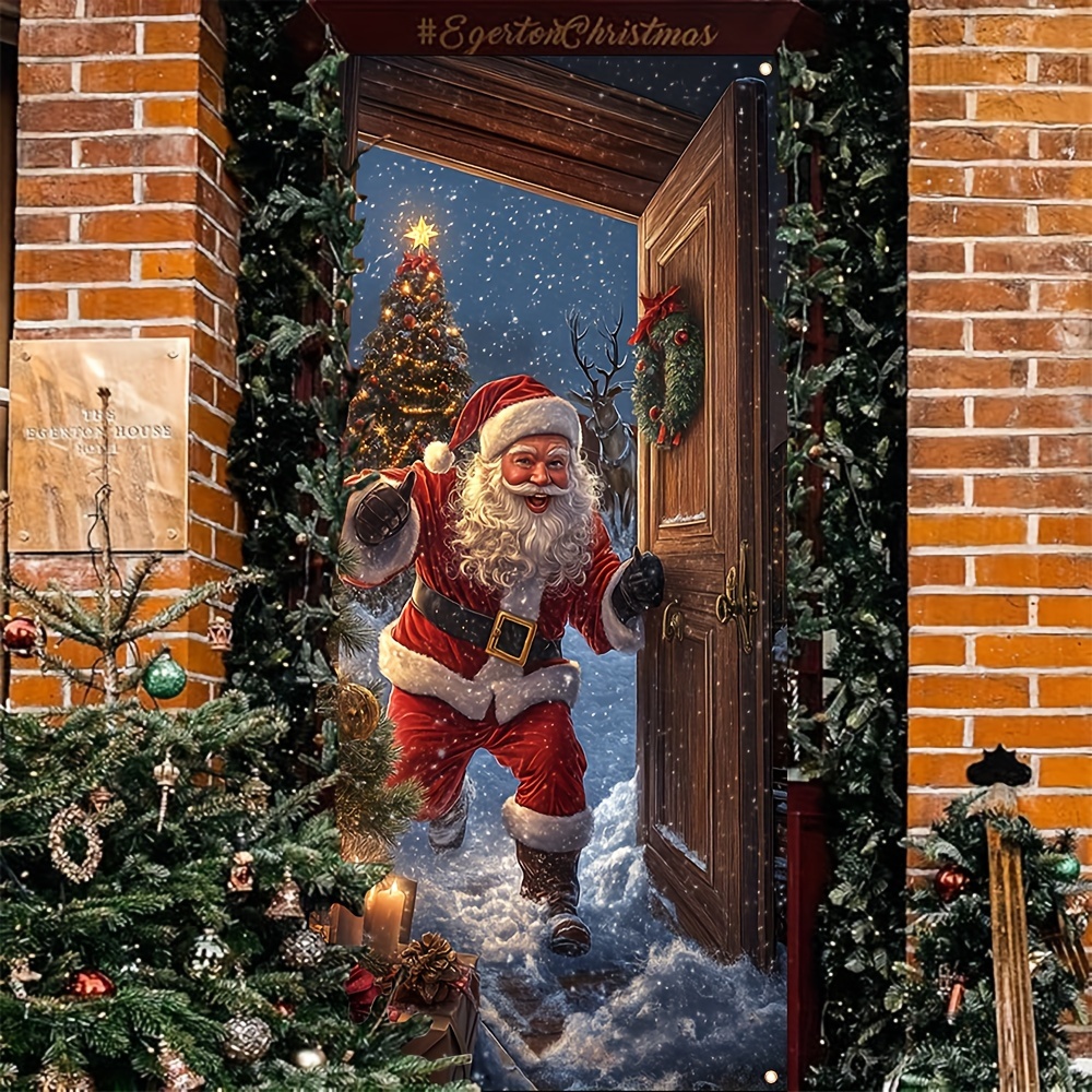 

Santa Claus Door Opening Christmas Banner - & New Year Decoration, Indoor/outdoor Party Photo Booth Prop, Polyester, 35.4x70.8 Inches