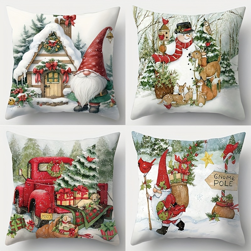 

4-piece Set Of Festive Christmas Throw Pillow Covers - Vibrant Printed Design, Zip Closure, Hand Washable, Polyester, Perfect For Living Room & Bedroom Decor, 17.72x17.72 Inches (excludes Insert)