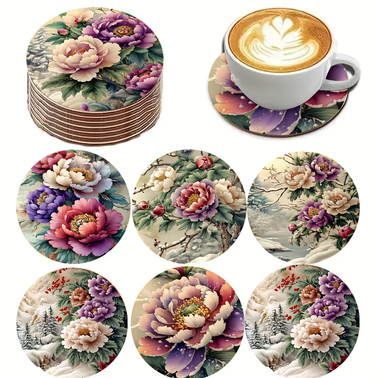 

6-pack Artistic Wooden Coasters, Peony Mosaic Design, Decorative Drink Mats For Cups, Ideal For Home And Restaurant Decor, Gift - 10cm/3.93in