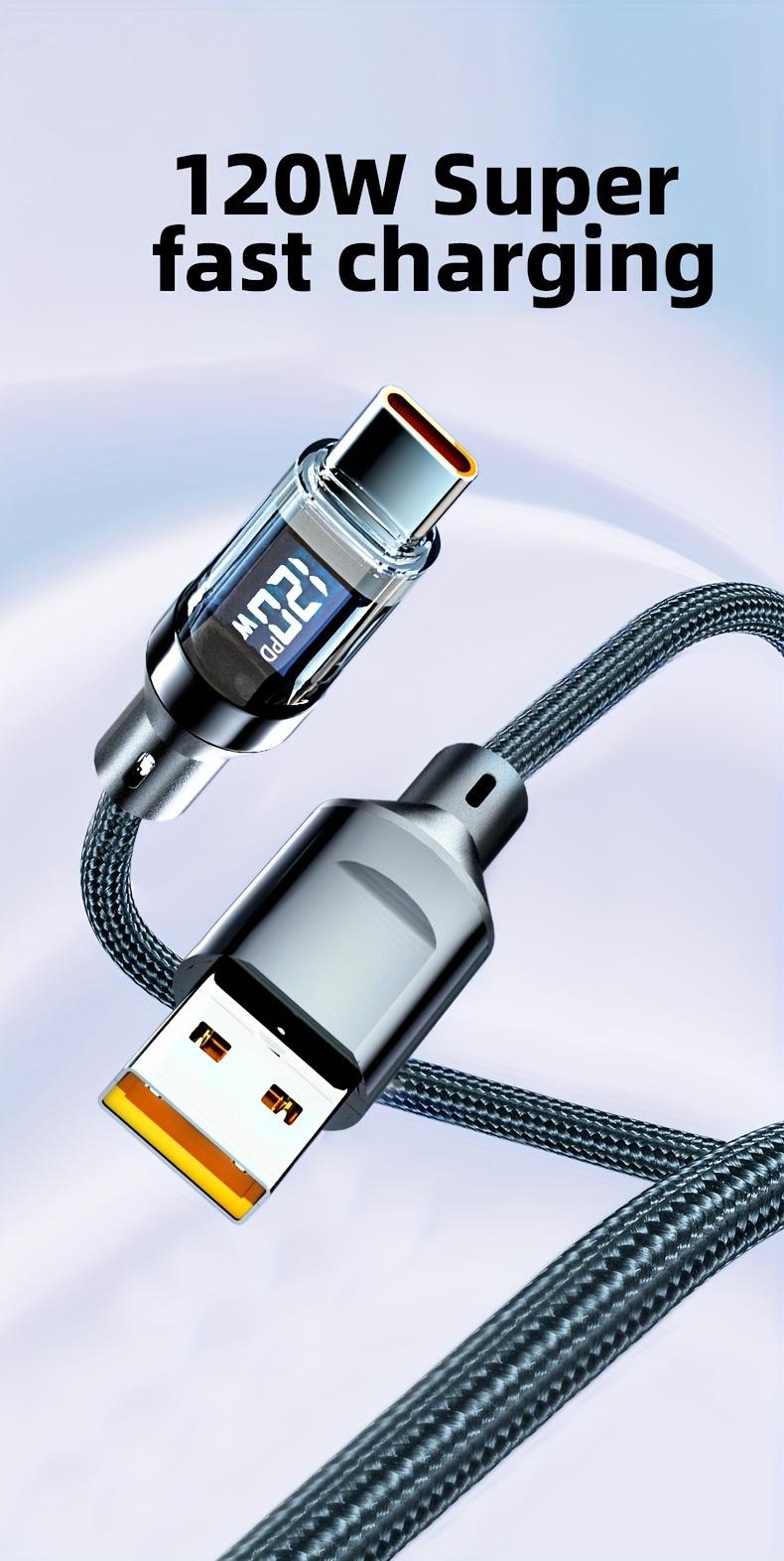 super fast charging cable: 6a usb type c charge cable lcd details 1