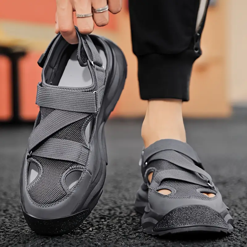 mens breathable sport sandals slides preppy casual fashion solid patterns for with adjustable closure lightweight cap toe sandals with pu fabric upper comfortable for daily hiking activities details 2