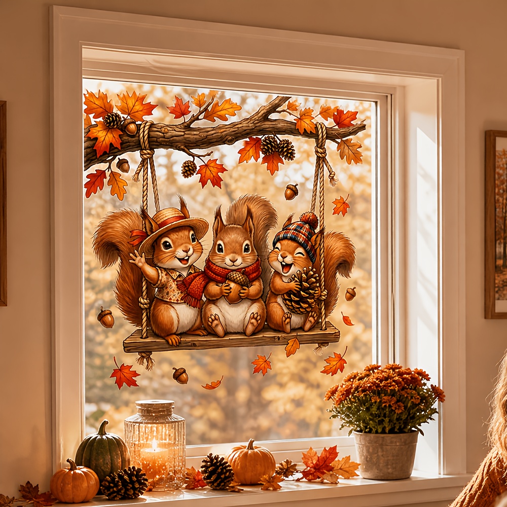 TEMU 1 stuks Herfst Schommel Eekhoorn Esdoornblad Raamsticker, PVC Verwijderbare Herfst Glas Decal, Bijpassende Leuke Eekhoorns Schommelend, Geschikt