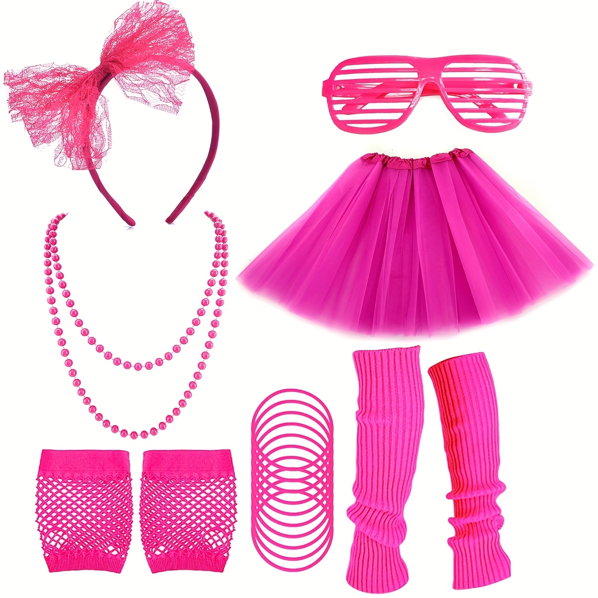 80er Jahre Style-Set Für Damen: 18-teiliges Retro-Accessoire-Set In Pink Mit Blitz-Ohrringen, Choker & Netzhandschuhen – Perfekt Für Partys & Cosplay