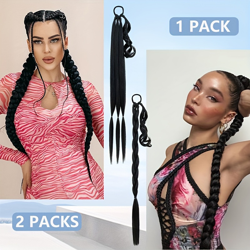 a 34 inch long braided ponytail hair extension with elastic band for a straight and smooth wrapped ponytail diy hairstyle details 6