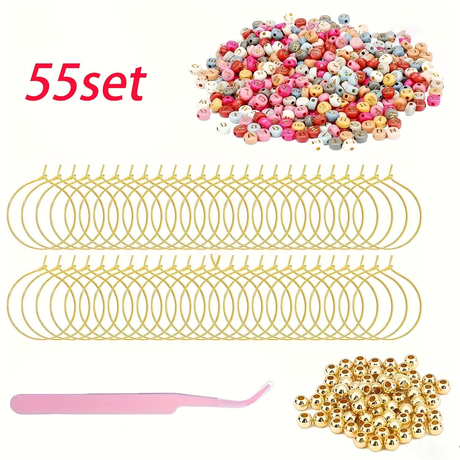 Image of 55 Set Wine Glass Charms Rings Marks, 550 Letters Beads 100 55 Tone Hoops 1 Tweezer Charms Wine Glass Markers For Christmas Party Bridal Shower