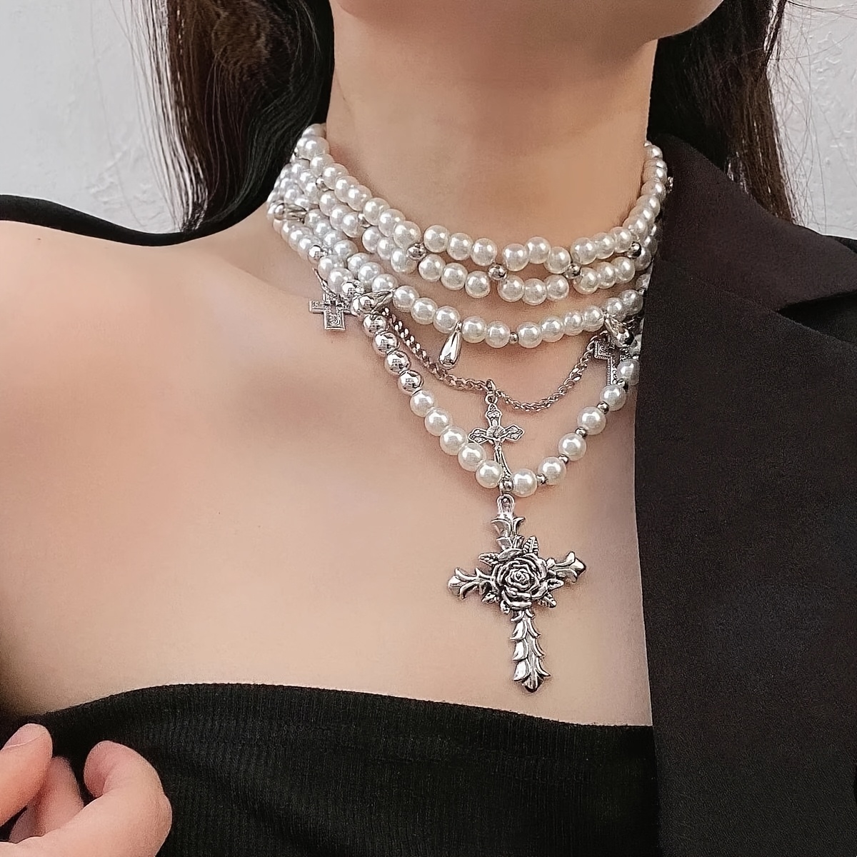 3pcs gothic style cross pendant necklace set 3pcs y2k gothic style resin imitation layered necklace set with exaggerated cross pendant for women versatile fashion jewelry for and parties accessory details 4