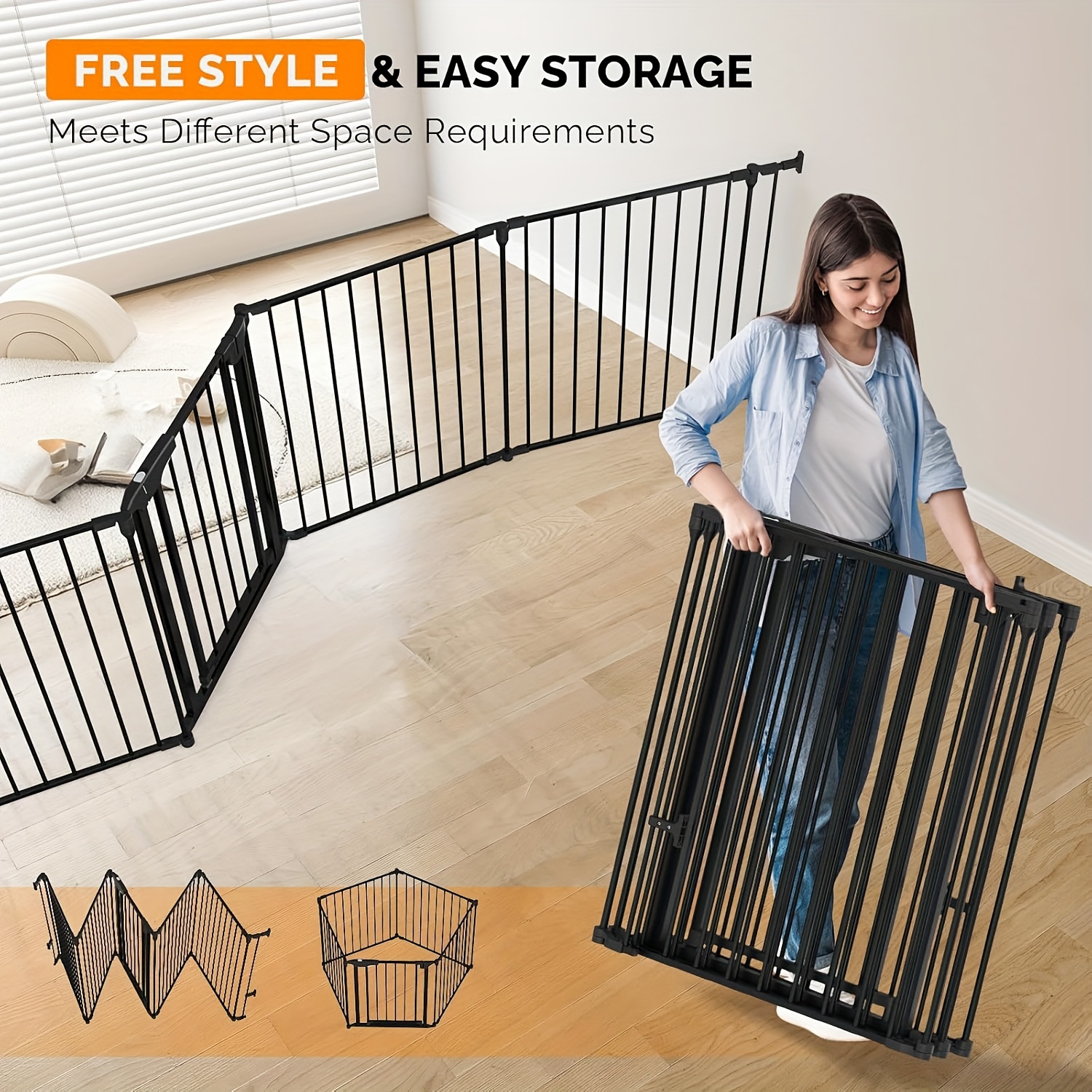   freestanding dog fence foldable pet gate with door   no assembly decor fence portable pet barrier accordion dog playpen for indooor outdoor multifuntional pet fence black