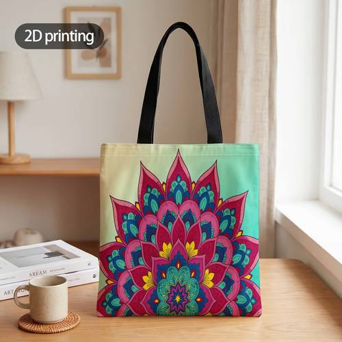 2d printed handbag with colorful lotus bloom pattern reusable fashion shoulder bag shopping tote bag suitable for shopping office vacation daily and travel