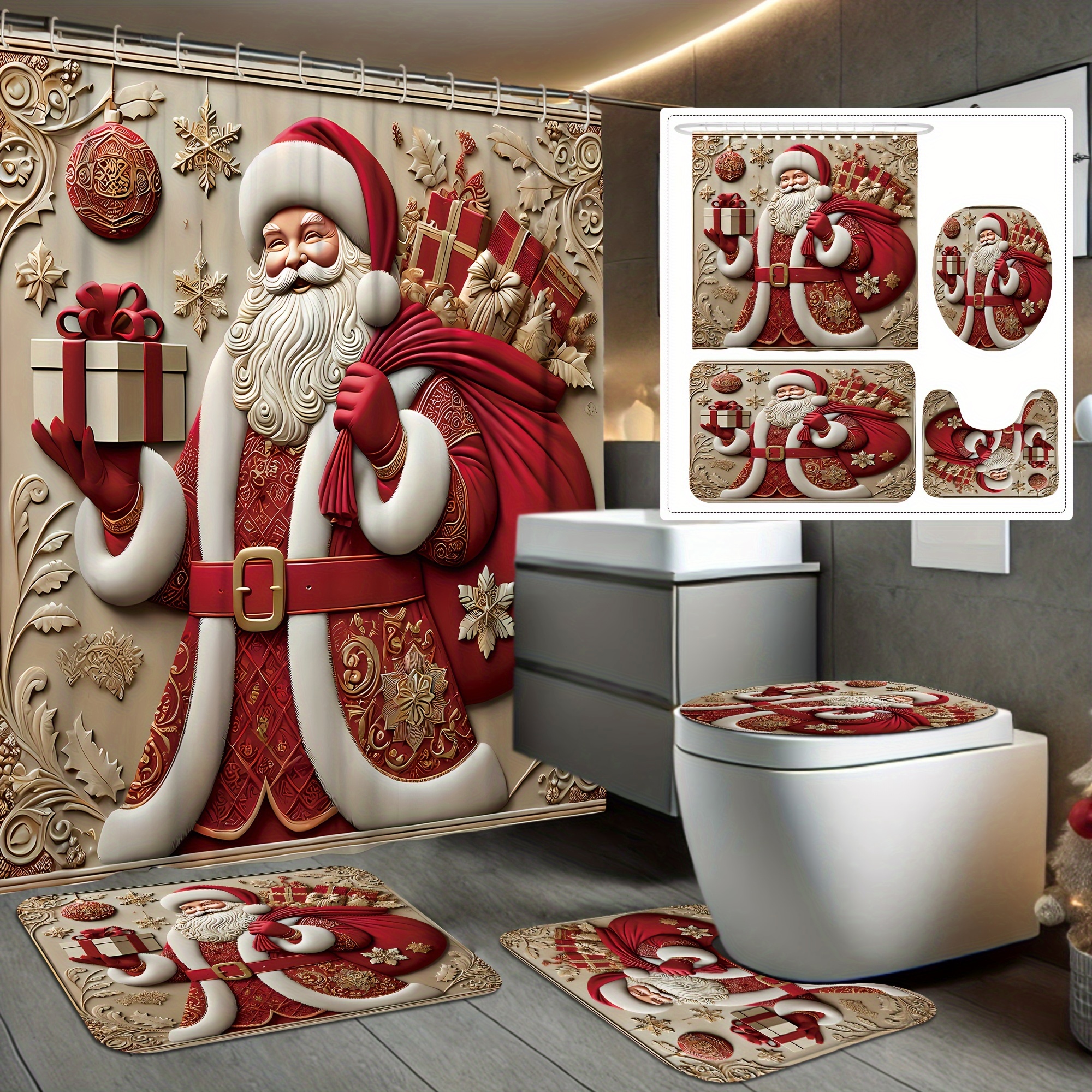 

[] 1/4pcs Christmas Decorations Curtain Set 3d Red Curtain For Bathroom 12 Bath Mat Lid Mat, For ,