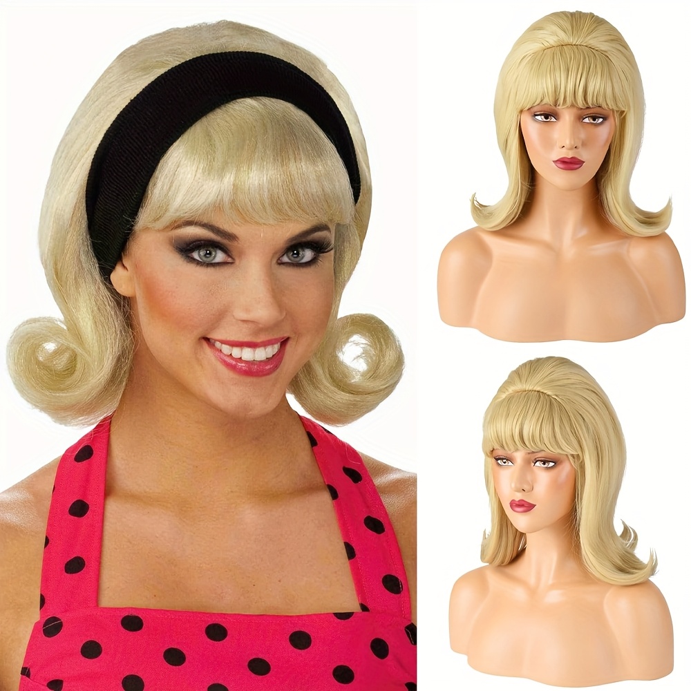 E-shop Vintage-inspirierte blonde Perücke aus den 50er, 60er und 70er Jahren mit Pony, für Frauen. Diese synthetische Bienenkorbperücke ist ideal für