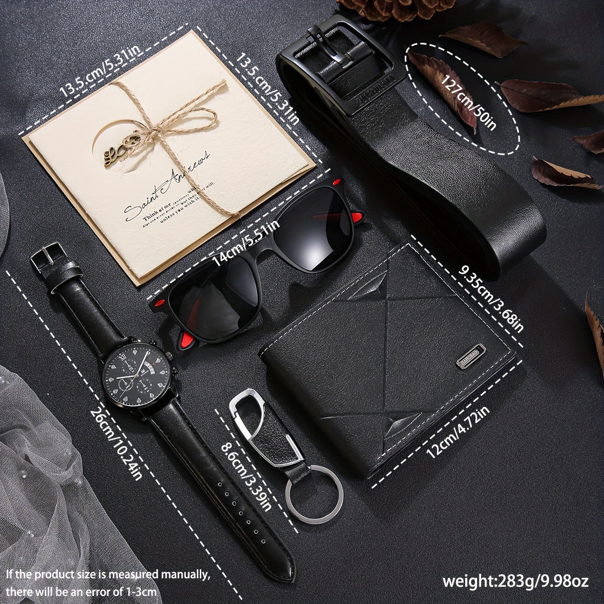 7pcs Men's Luxury Gift Box Set - Elegant Brown -like Texture Wallet, Belt, Keychain, Glasses Case & Card Holder - Complete Accessory Collection with Gift Box & Ribbon - Birthday/Valentine's/Anniversary Gift for Men - Sophisticated Men's Fashion Set with Belt Loop Compatibility - Ideal for Everyday & Formal Events
