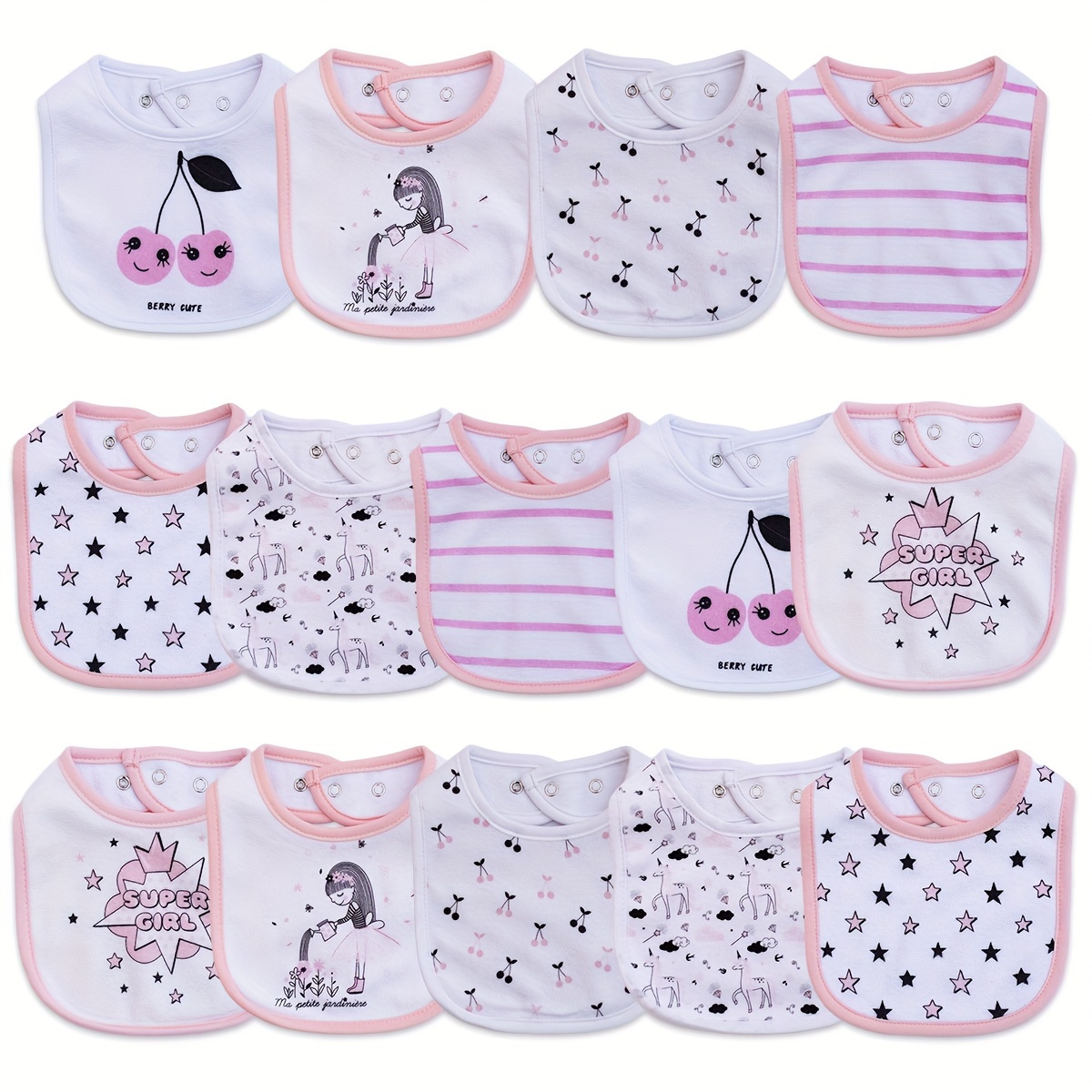 

14-piece Set Of Cartoon-printed Bibs For Boys And Girls, Adjustable Snap Closure, Waterproof, Soft, And Skin-friendly Feeding Bibs For Eating And .