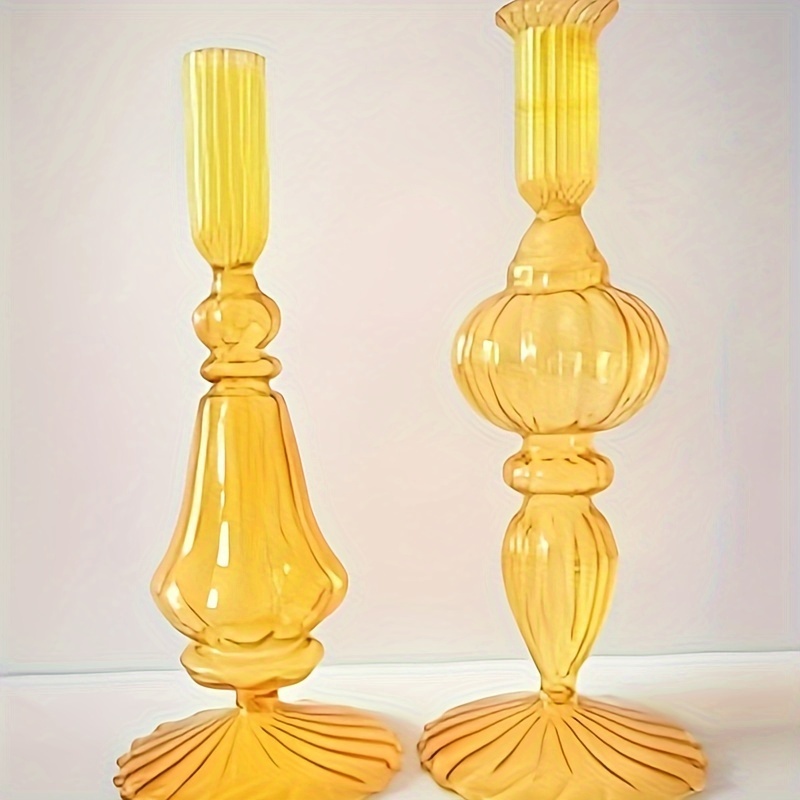 

A Set Of 2. Yellow Lacquered, Candle Holders, Glass Candle Holders. Height: 23cm/24cm, Mouth Diameter 2.5cm, Suitable For Parties, Home Decoration, And Dinners.