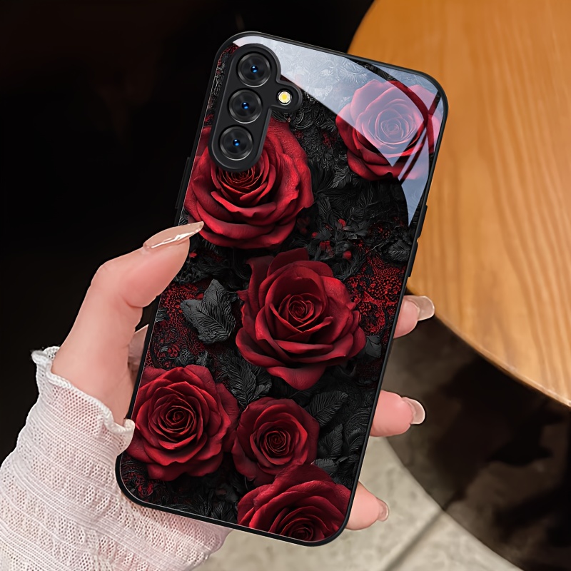 TEMU Phone Case - Red Rose Light Luxury Tempered Glass Phone Case For For Galaxy S25 Edge S24 S23 S21 Fe S22 A56 A55 A54 A53 A52s A52 A36 A35 A34 A33