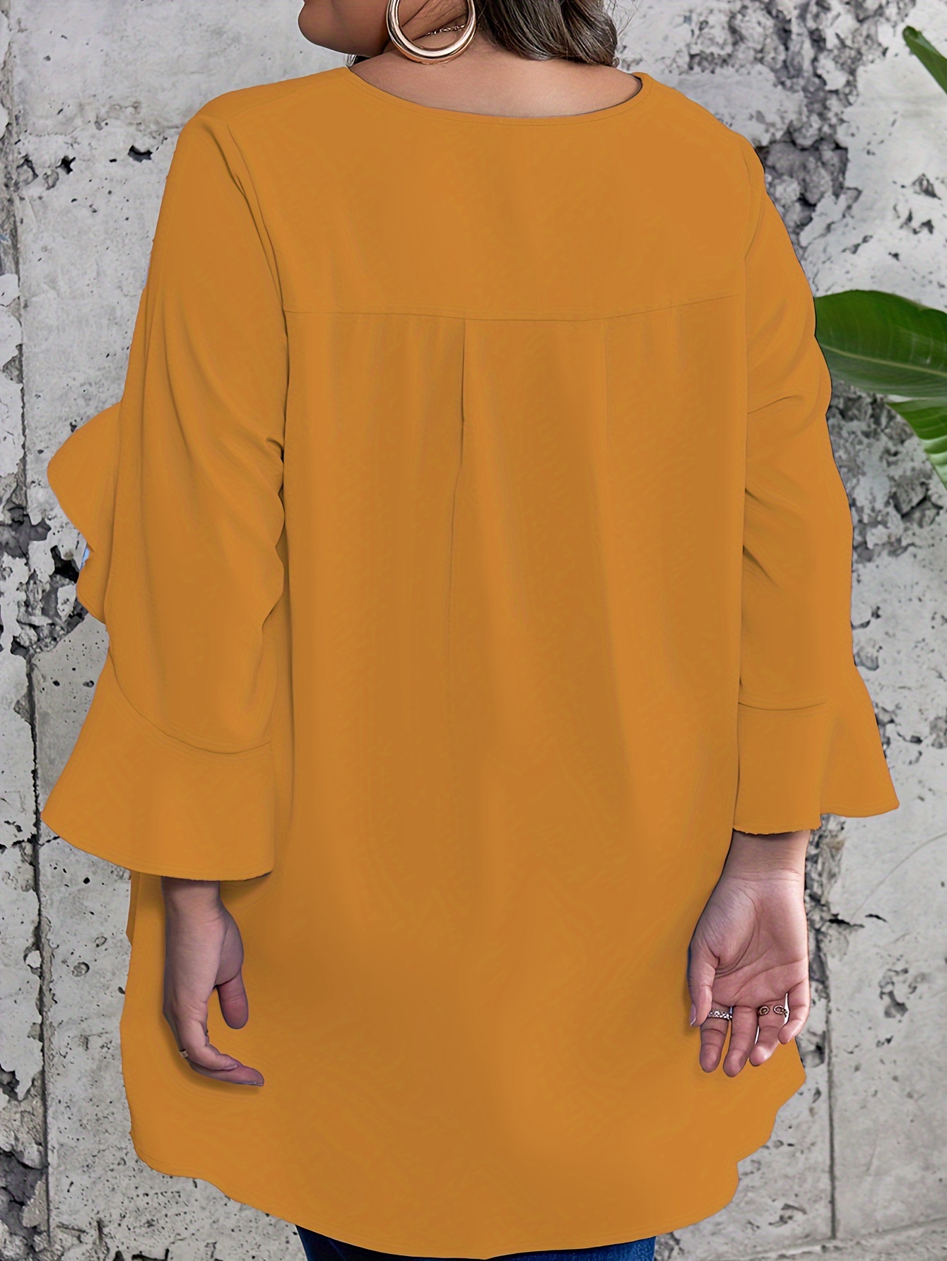 Plus Size Solid Ruffle Sleeve Blouse, Casual Crew Neck Irregular Hem Blouse For Spring, Women's Plus Size?Clothing