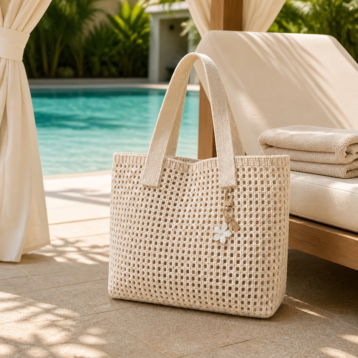 TEMU Women's Tote Bag And Floral Accessory 2pcs Set, Ideal For Beach Trips And Resorts - Rectangular Crossbody Handbag With Flower Pendant, Suitable