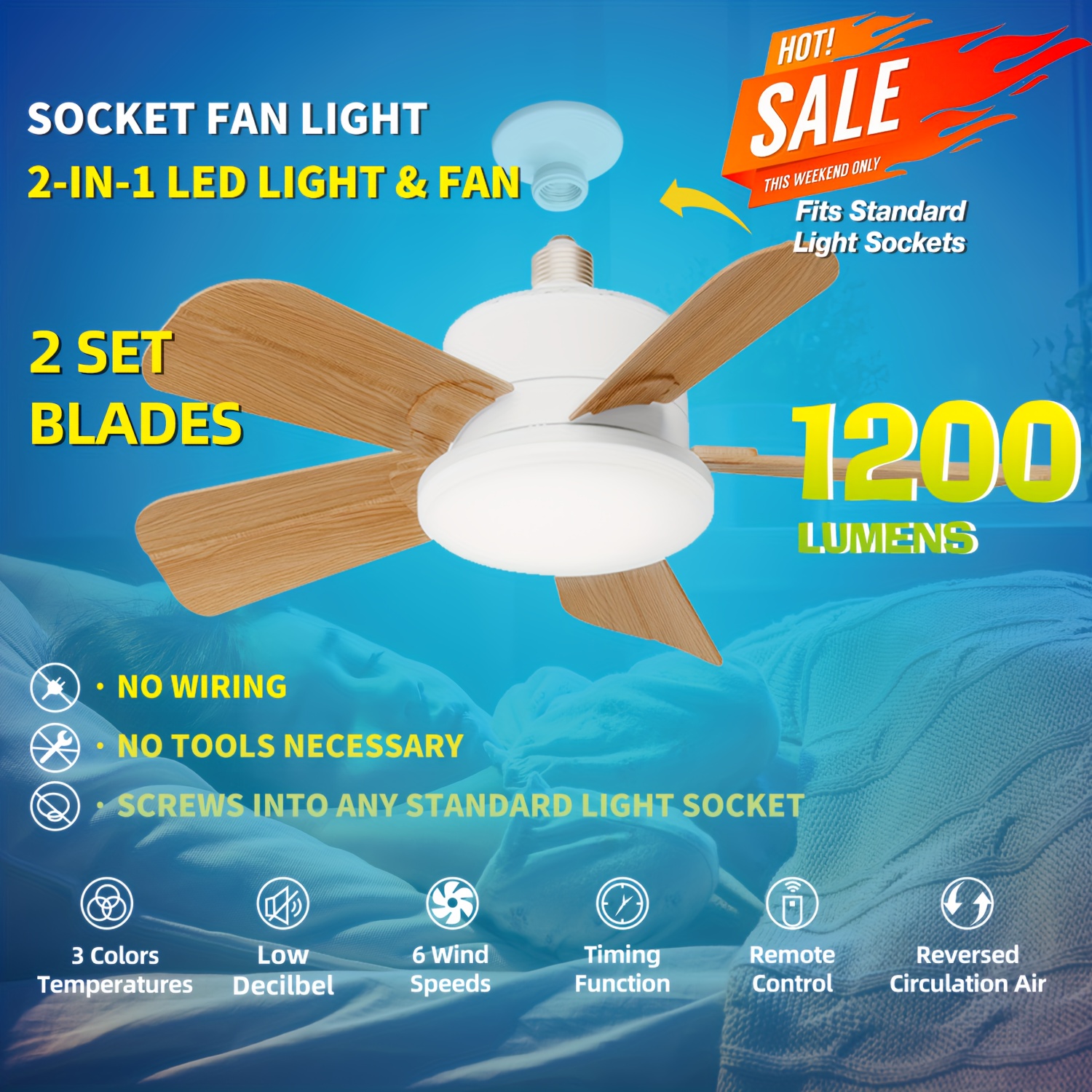 

Socket Fan Light With Remote And 2 Extenders, Wireless Screw In Ceiling Fans With Dimmable Lights, 1200lm/6500k Light Bulb Fan